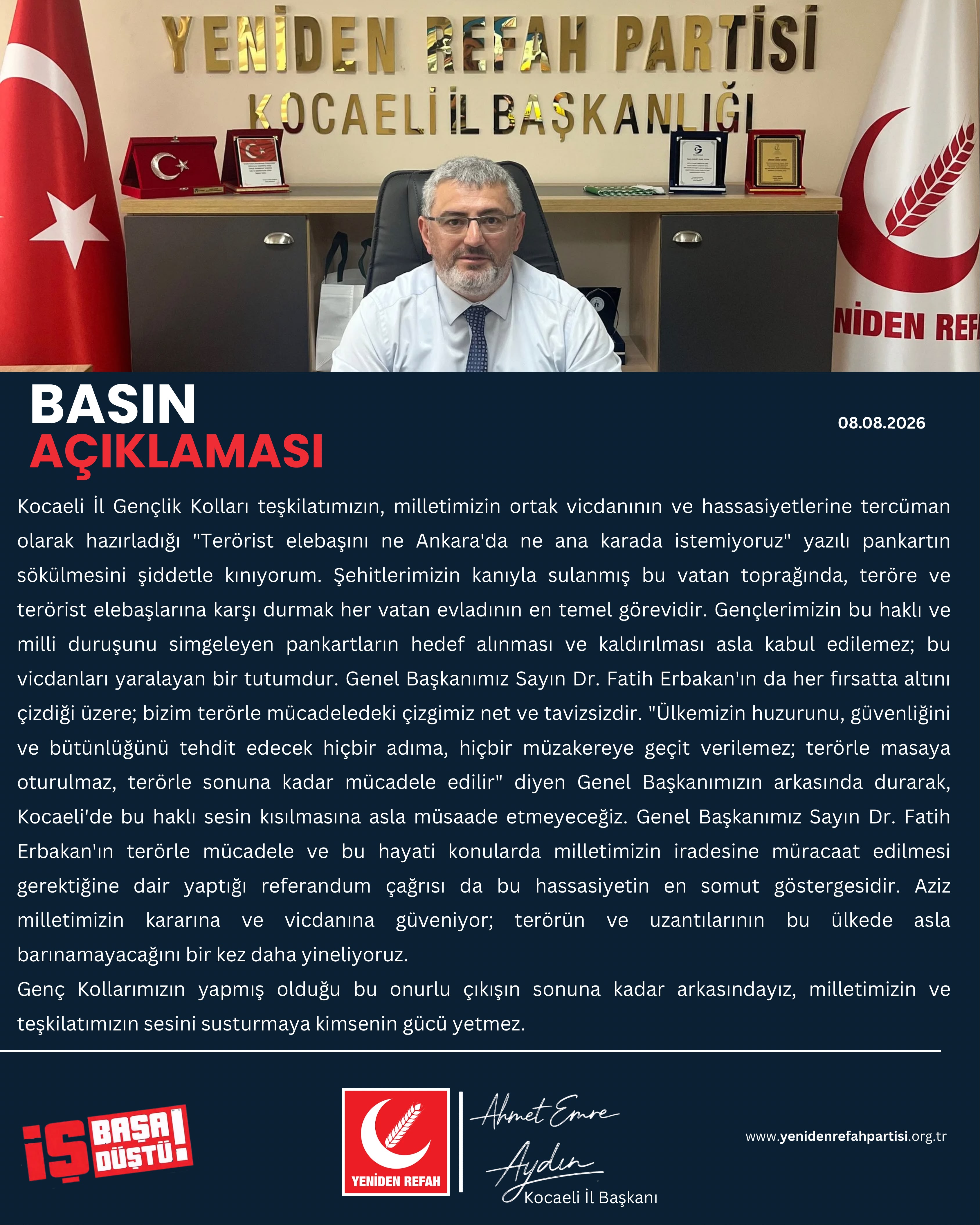 Yeniden Refah Partisi Kocaeli İl Başkanı Aydın’dan pankart tepkisi: “Bu ses susturulamaz”